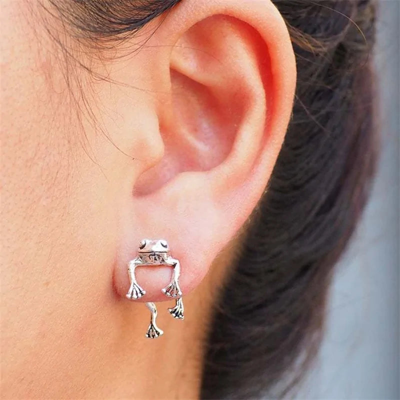 Cute Silver Frog Stud Earrings