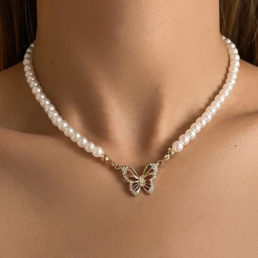 Pearl Choker Necklace with Butterfly Motif