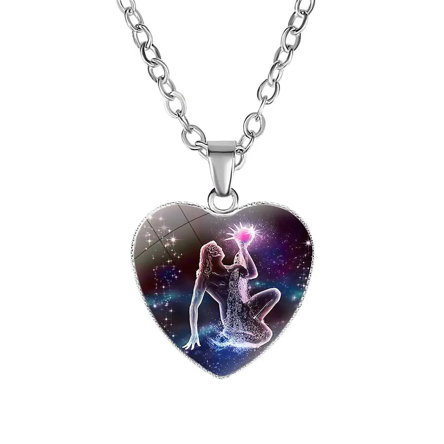 Aquarius Zodiac Heart Pendant Necklace