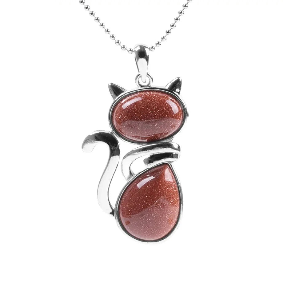 Cat Shape Natural Stone Necklace With Bead Chain-What About Noah