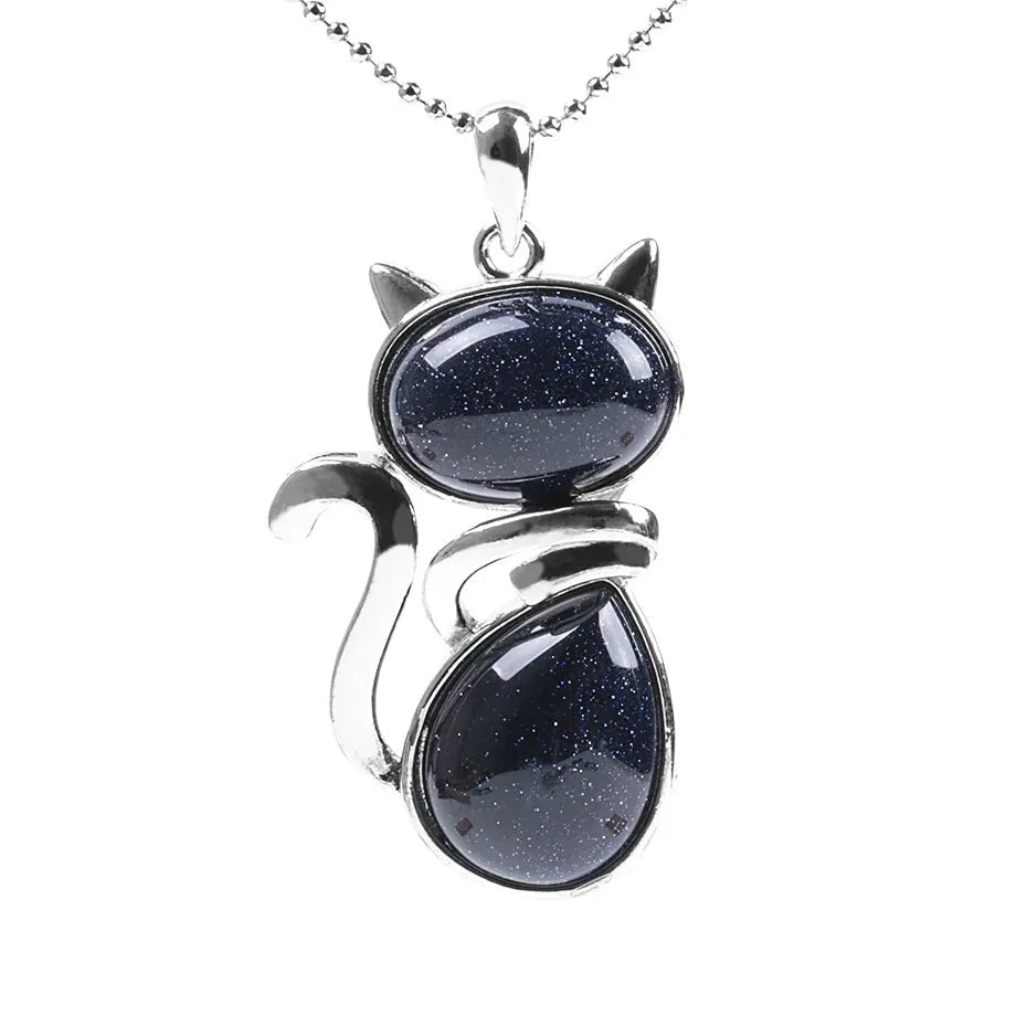 Cat Shape Natural Stone Necklace With Bead Chain-What About Noah