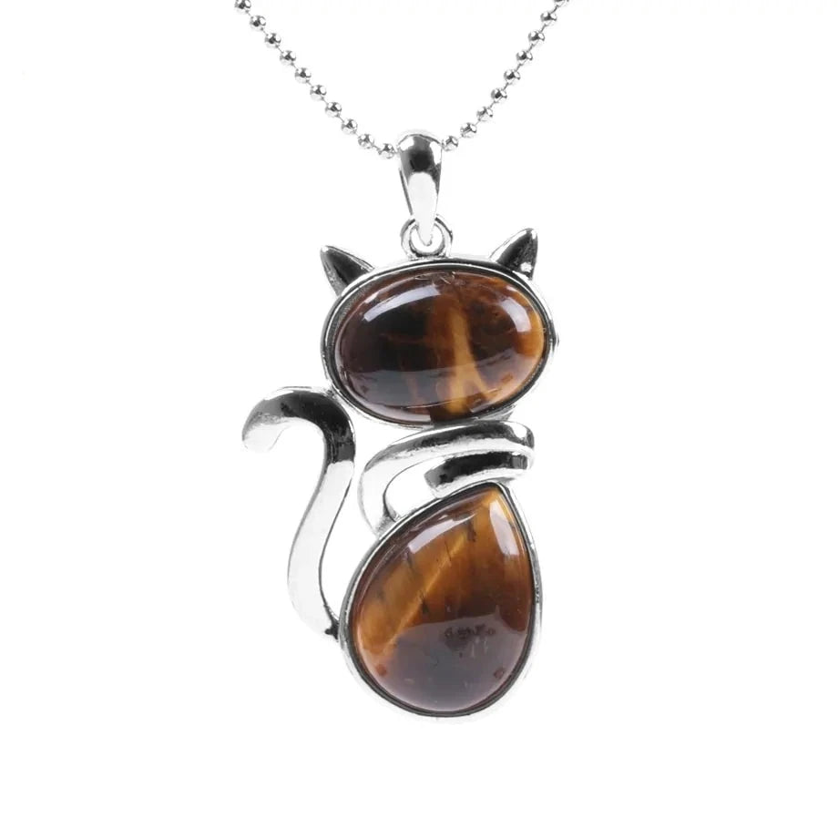 Cat Shape Natural Stone Necklace With Bead Chain-What About Noah