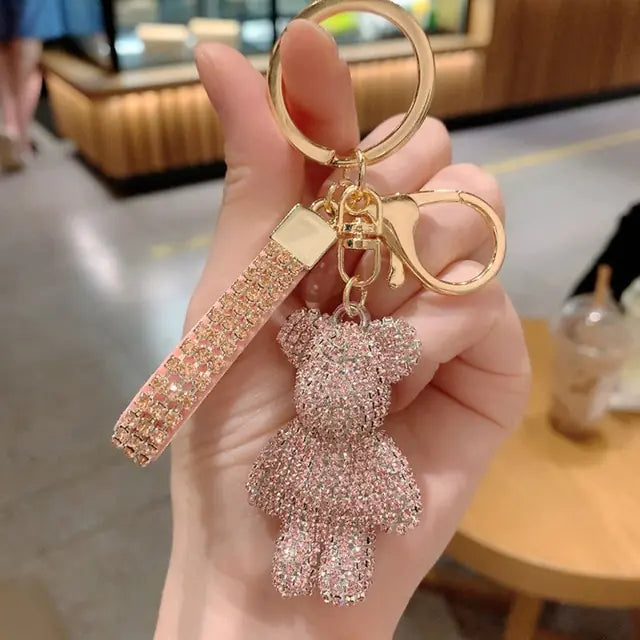 Rhinestone Bear Leather Strap Keychain-What About Noah