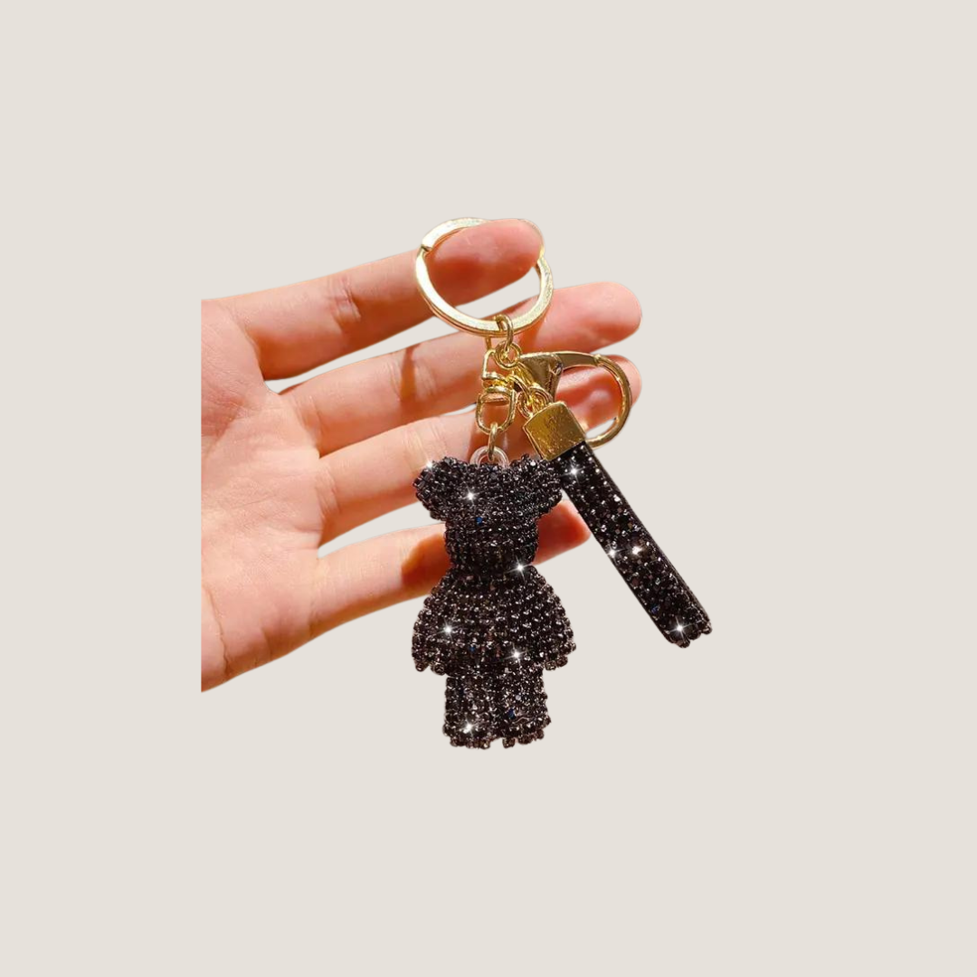 Rhinestone Bear Leather Strap Keychain-What About Noah