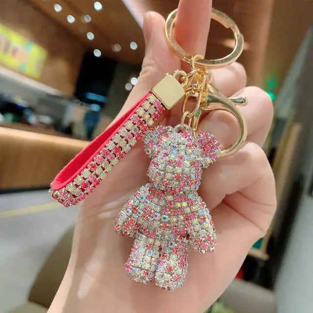 Rhinestone Bear Leather Strap Keychain-What About Noah