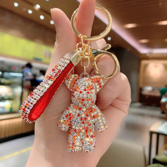 Rhinestone Bear Leather Strap Keychain-What About Noah