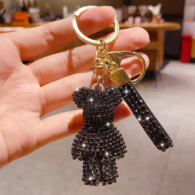 Rhinestone Bear Leather Strap Keychain-What About Noah